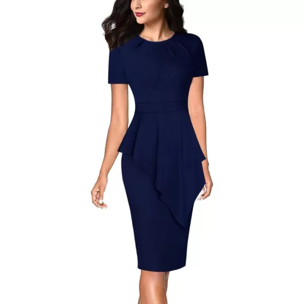 VFSHOW Womens Pleated Peplum Crew Neck Work Office Business Bodycon Pencil DressNavy Asymmetrical Peplum