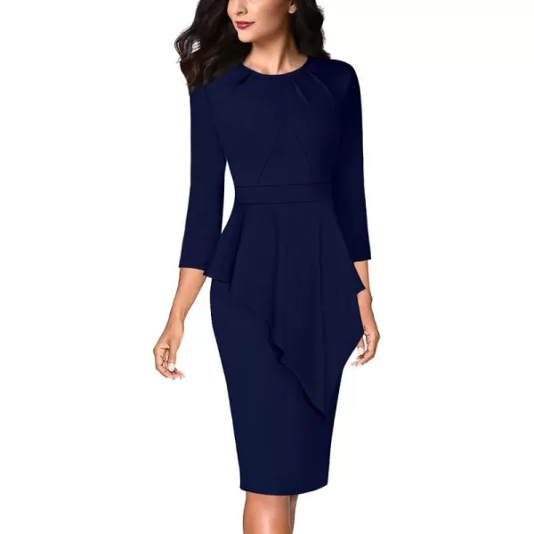 VFSHOW Womens Pleated Peplum Crew Neck Work Office Business Bodycon Pencil DressNavy Asymmetrical Peplum2