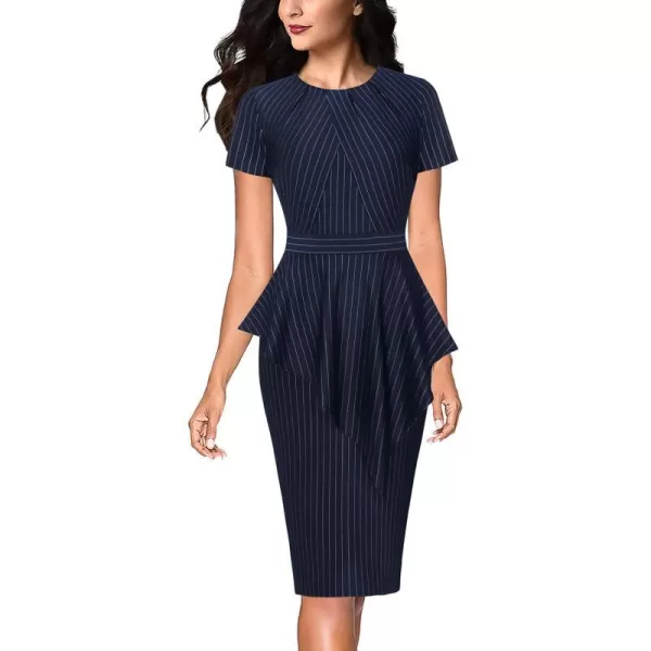 VFSHOW Womens Pleated Peplum Crew Neck Work Office Business Bodycon Pencil DressNavy Blue and White Stripes