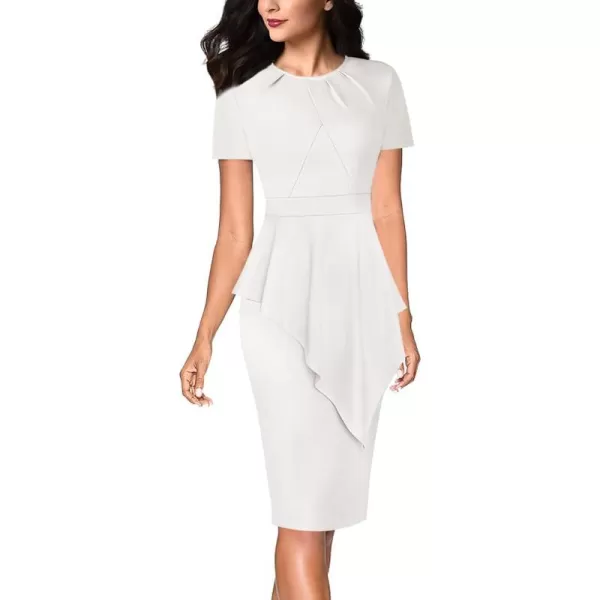 VFSHOW Womens Pleated Peplum Crew Neck Work Office Business Bodycon Pencil DressOffwhite