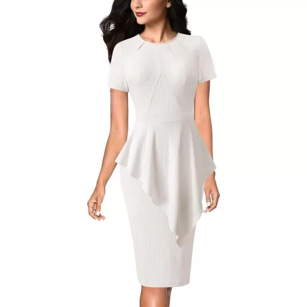 VFSHOW Womens Pleated Peplum Crew Neck Work Office Business Bodycon Pencil DressOffwhite Asymmetrical Peplum