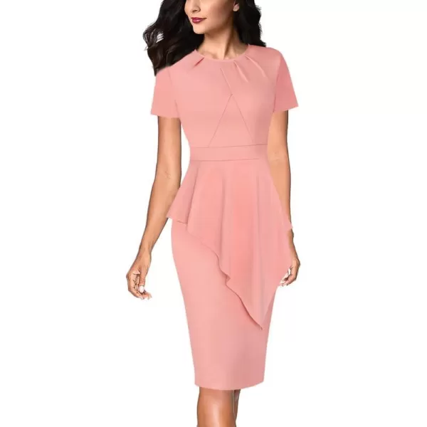 VFSHOW Womens Pleated Peplum Crew Neck Work Office Business Bodycon Pencil DressPeach Pink Asymmetrical Peplum