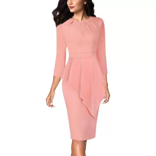 VFSHOW Womens Pleated Peplum Crew Neck Work Office Business Bodycon Pencil DressPeach Pink Asymmetrical Peplum2