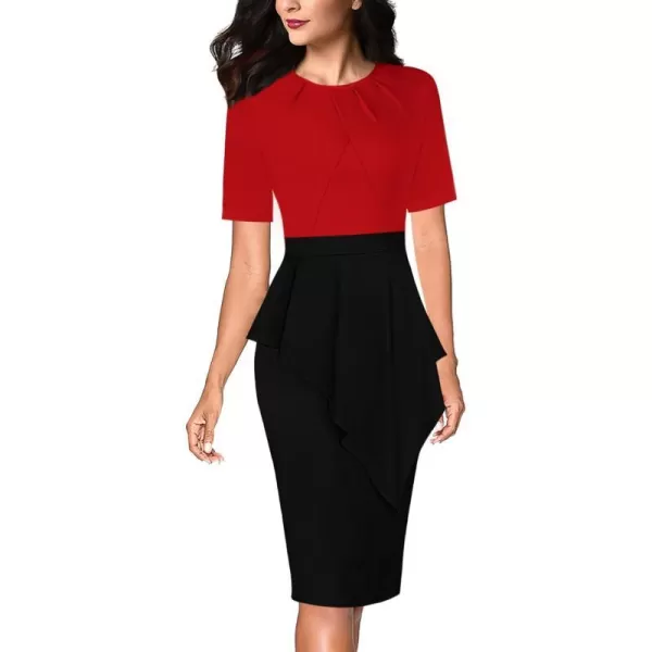 VFSHOW Womens Pleated Peplum Crew Neck Work Office Business Bodycon Pencil DressRed and Black