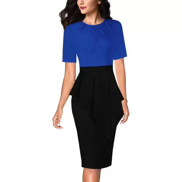 VFSHOW Womens Pleated Peplum Crew Neck Work Office Business Bodycon Pencil DressRoyal Blue and Black