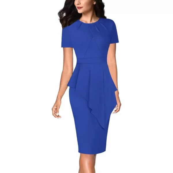 VFSHOW Womens Pleated Peplum Crew Neck Work Office Business Bodycon Pencil DressRoyalblueasymmetricalpeplum