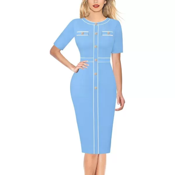 VFSHOW Womens Professional Work Business Office Interview Buttons Bodycon Dress Patchwork Colorblock Slim Pencil Sheath DressBaby Blue White Piping