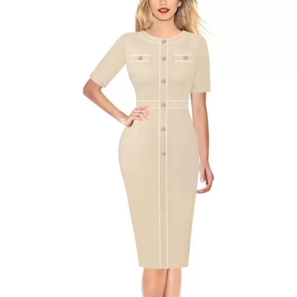 VFSHOW Womens Professional Work Business Office Interview Buttons Bodycon Dress Patchwork Colorblock Slim Pencil Sheath DressBeige White Piping