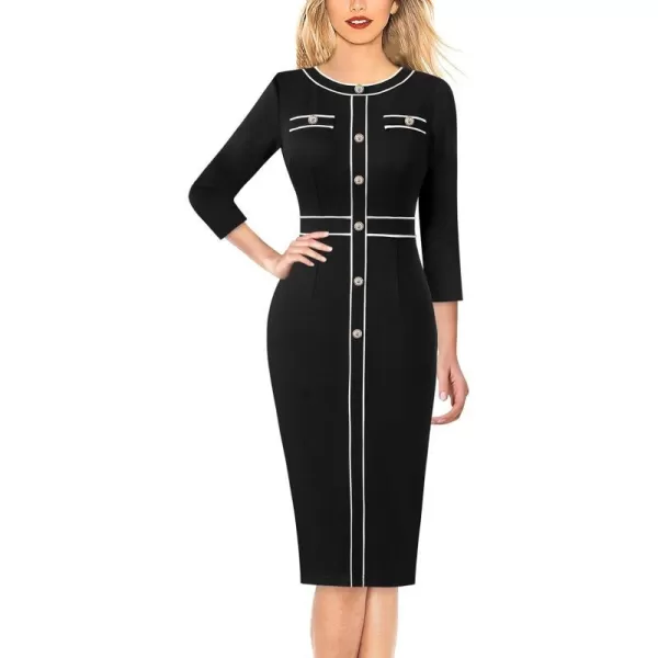 VFSHOW Womens Professional Work Business Office Interview Buttons Bodycon Dress Patchwork Colorblock Slim Pencil Sheath DressBlack 34 Sleeves