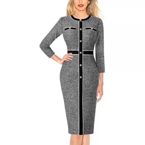 VFSHOW Womens Professional Work Business Office Interview Buttons Bodycon Dress Patchwork Colorblock Slim Pencil Sheath DressBlack Tweed34 Sleeve2