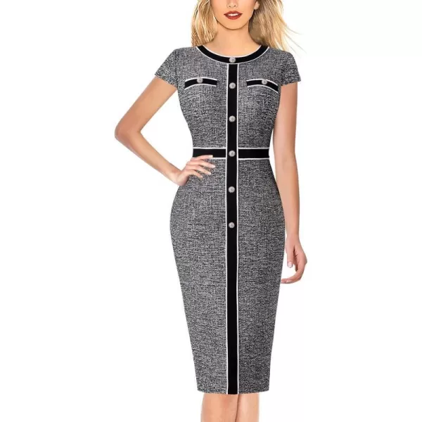 VFSHOW Womens Professional Work Business Office Interview Buttons Bodycon Dress Patchwork Colorblock Slim Pencil Sheath DressBlack Tweedshort Sleeve