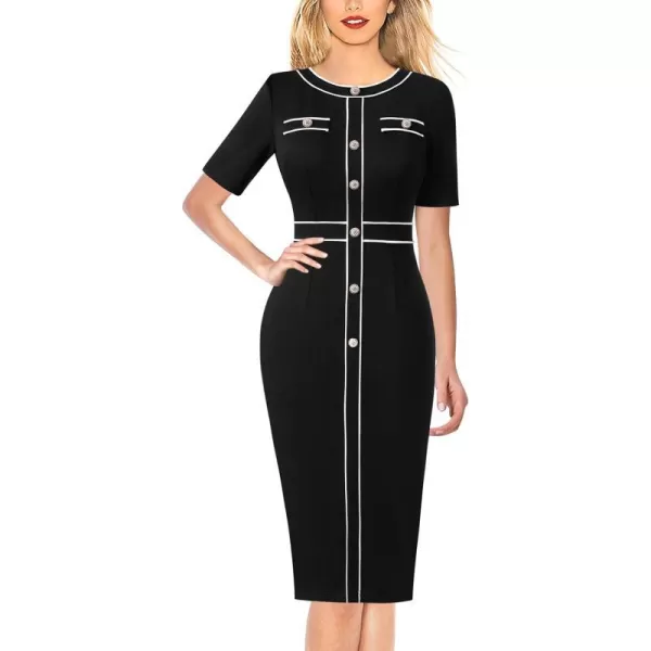 VFSHOW Womens Professional Work Business Office Interview Buttons Bodycon Dress Patchwork Colorblock Slim Pencil Sheath DressBlack White Piping