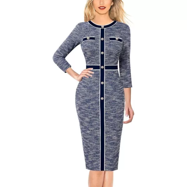 VFSHOW Womens Professional Work Business Office Interview Buttons Bodycon Dress Patchwork Colorblock Slim Pencil Sheath DressBlue Tweed34 Sleeve2