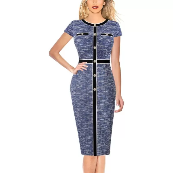 VFSHOW Womens Professional Work Business Office Interview Buttons Bodycon Dress Patchwork Colorblock Slim Pencil Sheath DressBlue Tweedcap Sleeve