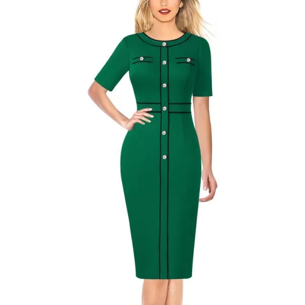 VFSHOW Womens Professional Work Business Office Interview Buttons Bodycon Dress Patchwork Colorblock Slim Pencil Sheath DressDark Green Black Piping