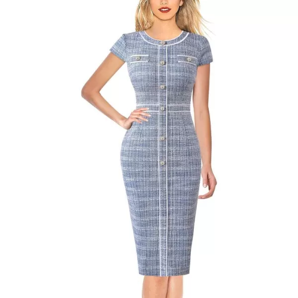 VFSHOW Womens Professional Work Business Office Interview Buttons Bodycon Dress Patchwork Colorblock Slim Pencil Sheath DressLight Blue Tweed Cap Sleeves