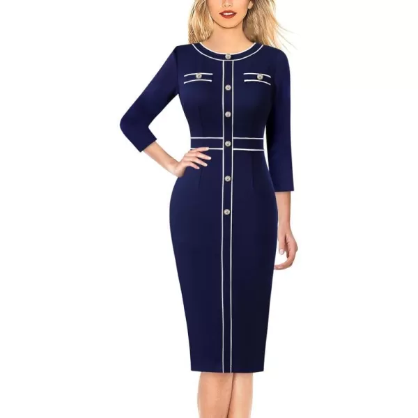 VFSHOW Womens Professional Work Business Office Interview Buttons Bodycon Dress Patchwork Colorblock Slim Pencil Sheath DressNavy Blue 34 Sleeves