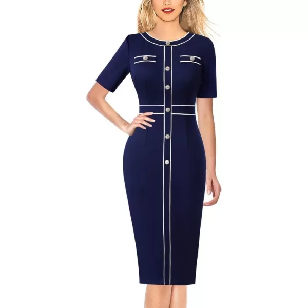 VFSHOW Womens Professional Work Business Office Interview Buttons Bodycon Dress Patchwork Colorblock Slim Pencil Sheath DressNavy Blue White Piping