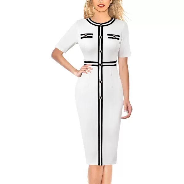 VFSHOW Womens Professional Work Business Office Interview Buttons Bodycon Dress Patchwork Colorblock Slim Pencil Sheath DressOffwhite Short Sleeves