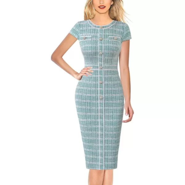 VFSHOW Womens Professional Work Business Office Interview Buttons Bodycon Dress Patchwork Colorblock Slim Pencil Sheath DressTeal Green Tweed Cap Sleeves