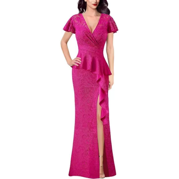 VFSHOW Womens Ruched Wrap V Neck Ruffle Formal Prom Peplum High Slit Maxi Dress 2023 Wedding Guest Cocktail Evening Long GownHot Pink Floral Lace