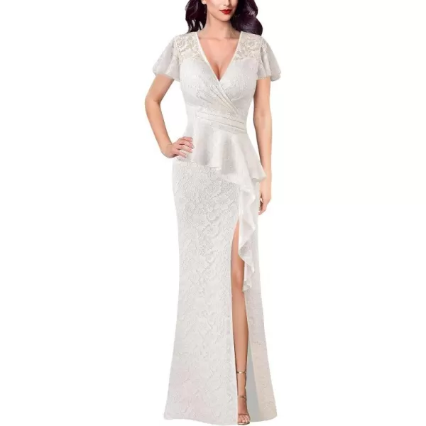 VFSHOW Womens Ruched Wrap V Neck Ruffle Formal Prom Peplum High Slit Maxi Dress 2023 Wedding Guest Cocktail Evening Long GownOffwhite Floral Lace