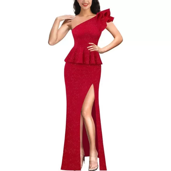 VFSHOW Womens Ruffle One Shoulder Peplum Formal Wedding Guest Maxi Dress 2023 3D Flower Evening Split Mother of Bride GownSparkly Red