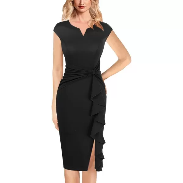 VFSHOW Womens Ruffle Slit Vintage Bow Peplum Notch Neck Work Business Office Party Bodycon Pencil Sheath DressBlack