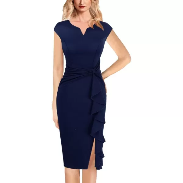 VFSHOW Womens Ruffle Slit Vintage Bow Peplum Notch Neck Work Business Office Party Bodycon Pencil Sheath DressNavy Blue