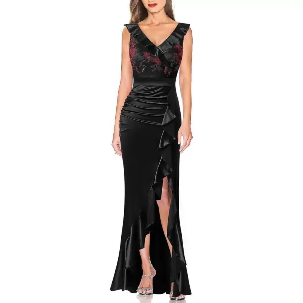 VFSHOW Womens Ruffle V Neck Floral Embroidery Ruched Split Formal Evening Maxi DressBlack