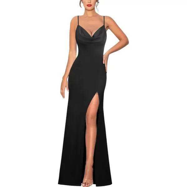 VFSHOW Womens Sexy Backless Drape Cowl Neck Formal Prom Maxi Dress 2023 Spaghetti Strap Bow Tie Satin Split Evening Long GownBlack