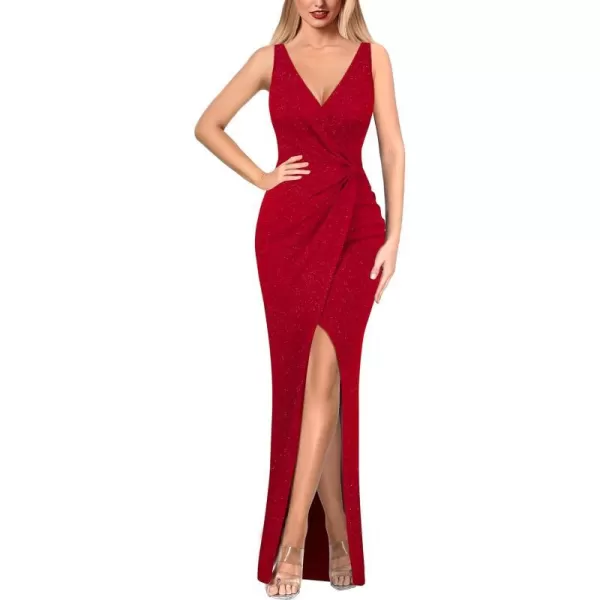 VFSHOW Womens Sexy Backless Ruched Formal Deep V Neck Spaghetti Strap Maxi Dress Evening Prom 2023 Tulip Hem Split Long GownSparkly Red