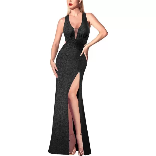 VFSHOW Womens Sexy Deep V Neck Ruched Backless Formal Prom High Slit Maxi Long Dress Wedding Guest Cocktail Evening GownSparkly Black