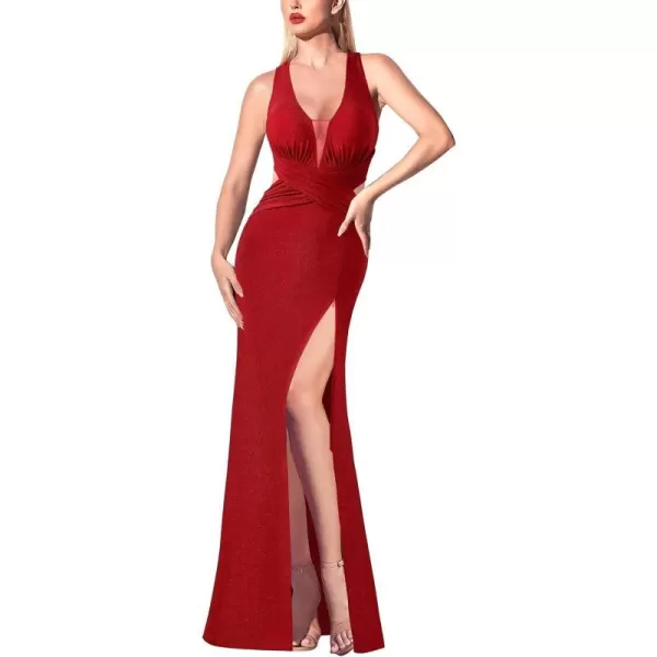 VFSHOW Womens Sexy Deep V Neck Ruched Backless Formal Prom High Slit Maxi Long Dress Wedding Guest Cocktail Evening GownSparkly Red