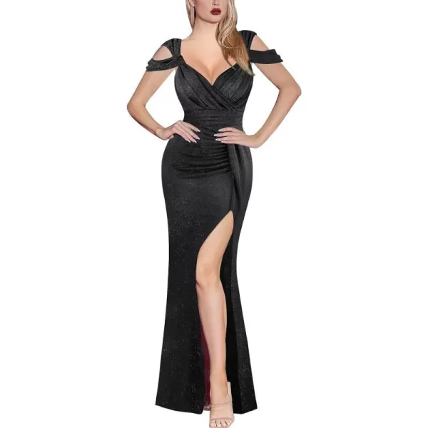 VFSHOW Womens Sexy Deep V Neck Ruched High Slit Formal Prom Maxi Dress 2023 Cold Shoulder Special Occasion Evening Long GownSparkly Black4