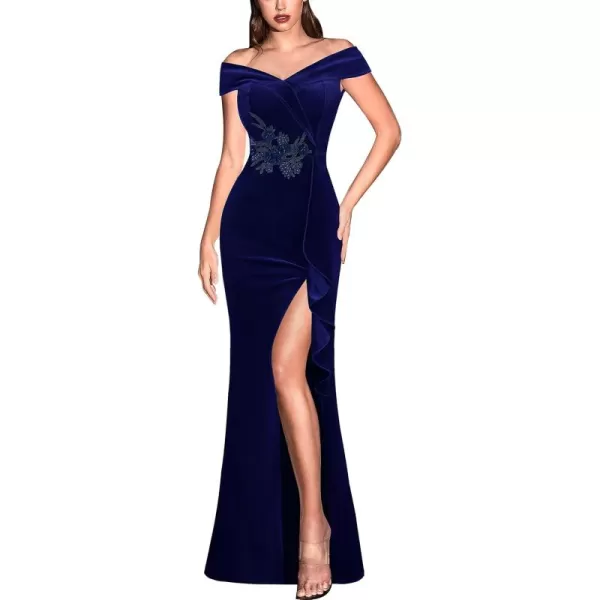 VFSHOW Womens Sexy Elegant Formal Prom Off Shoulder Ruffle High Slit Maxi Dress 2023 3D Flower Applique Cocktail Evening GownBlue Velvet