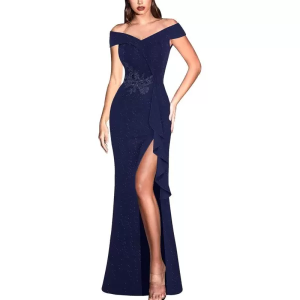 VFSHOW Womens Sexy Elegant Formal Prom Off Shoulder Ruffle High Slit Maxi Dress 2023 3D Flower Applique Cocktail Evening GownDark Blue