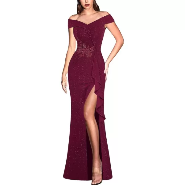 VFSHOW Womens Sexy Elegant Formal Prom Off Shoulder Ruffle High Slit Maxi Dress 2023 3D Flower Applique Cocktail Evening GownDark Red