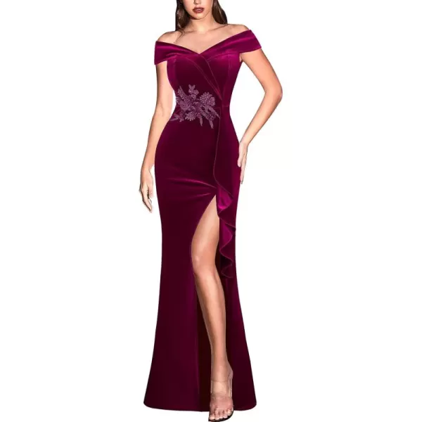 VFSHOW Womens Sexy Elegant Formal Prom Off Shoulder Ruffle High Slit Maxi Dress 2023 3D Flower Applique Cocktail Evening GownFuchsia Velvet