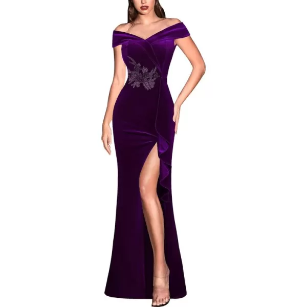 VFSHOW Womens Sexy Elegant Formal Prom Off Shoulder Ruffle High Slit Maxi Dress 2023 3D Flower Applique Cocktail Evening GownPurple Velvet