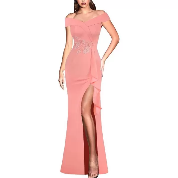 VFSHOW Womens Sexy Elegant Formal Prom Off Shoulder Ruffle High Slit Maxi Dress 2023 3D Flower Applique Cocktail Evening GownSalmon Pink