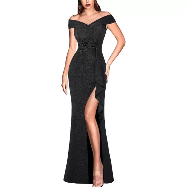 VFSHOW Womens Sexy Elegant Formal Prom Off Shoulder Ruffle High Slit Maxi Dress 2023 3D Flower Applique Cocktail Evening GownSparkly Black