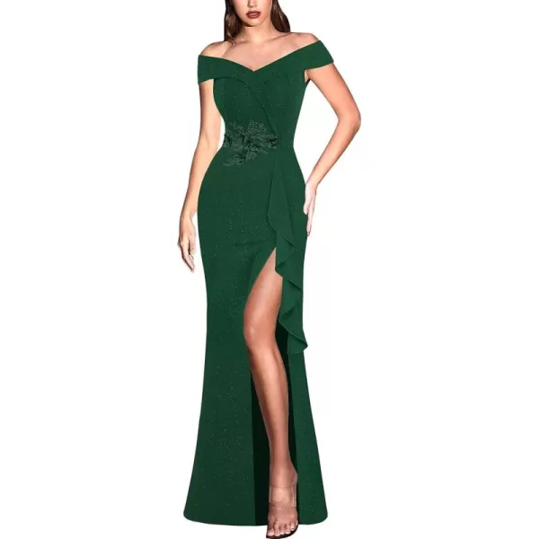 VFSHOW Womens Sexy Elegant Formal Prom Off Shoulder Ruffle High Slit Maxi Dress 2023 3D Flower Applique Cocktail Evening GownSparkly Dark Green