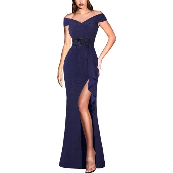 VFSHOW Womens Sexy Elegant Formal Prom Off Shoulder Ruffle High Slit Maxi Dress 2023 3D Flower Applique Cocktail Evening GownSparkly Navy Blueb