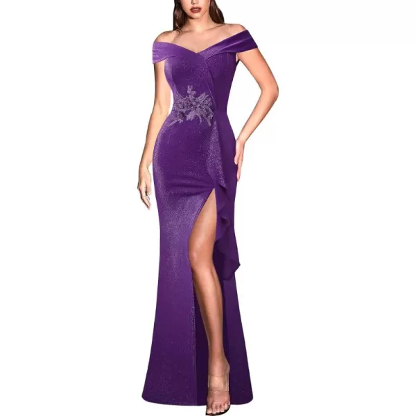 VFSHOW Womens Sexy Elegant Formal Prom Off Shoulder Ruffle High Slit Maxi Dress 2023 3D Flower Applique Cocktail Evening GownSparkly Purple