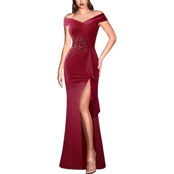 VFSHOW Womens Sexy Elegant Formal Prom Off Shoulder Ruffle High Slit Maxi Dress 2023 3D Flower Applique Cocktail Evening GownSparkly Redb