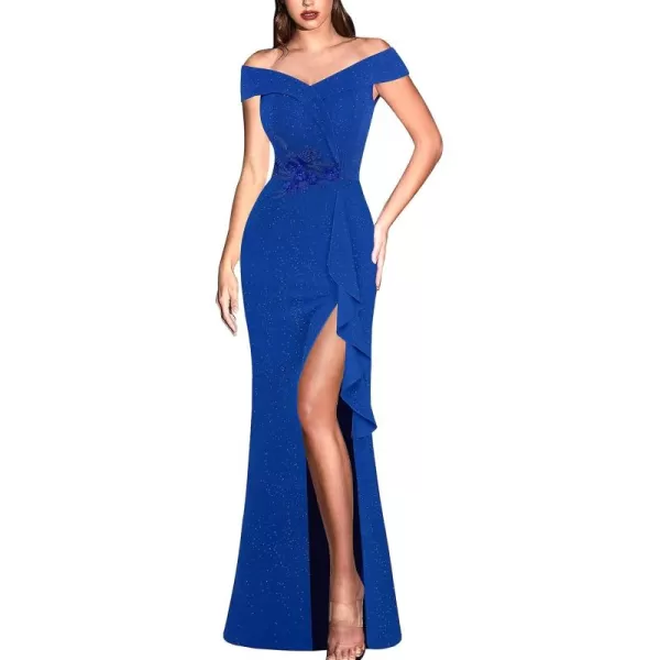 VFSHOW Womens Sexy Elegant Formal Prom Off Shoulder Ruffle High Slit Maxi Dress 2023 3D Flower Applique Cocktail Evening GownSparkly Royal Blue