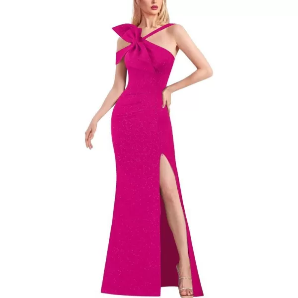 VFSHOW Womens Sexy Formal Prom Halter V Neck Ruched High Slit Maxi Dress 3D Bowknot Wedding Guest Cocktail Evening Long GownSparkly Hot Pink