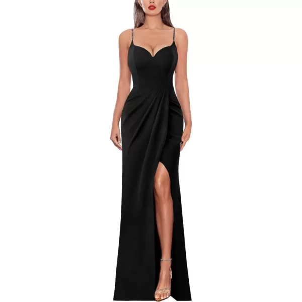 VFSHOW Womens Sexy Formal Ruched Fitted High Slit Bodycon Maxi Dress Spaghetti Strap Sweetheart Cocktail Prom Evening GownBlack