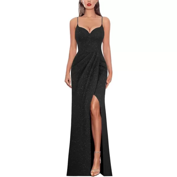 VFSHOW Womens Sexy Formal Ruched Fitted High Slit Bodycon Maxi Dress Spaghetti Strap Sweetheart Cocktail Prom Evening GownSparkly Black4